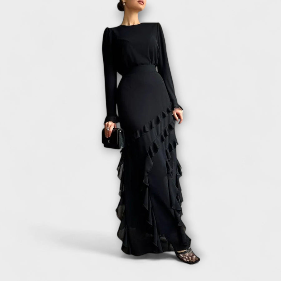 Fallon - Slim Fit Long Dress with Three-Dimensional Ruffles