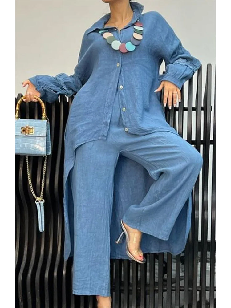 Long Sleeve Top and Pants Set with Irregular Hem