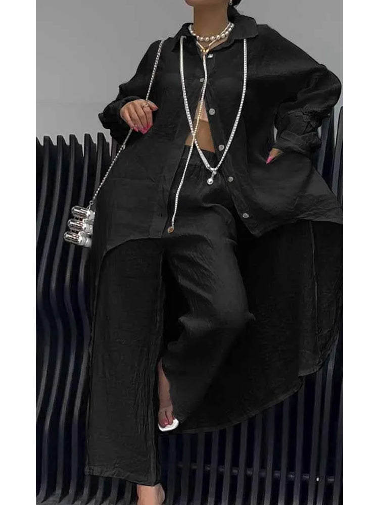 Long Sleeve Top and Pants Set with Irregular Hem
