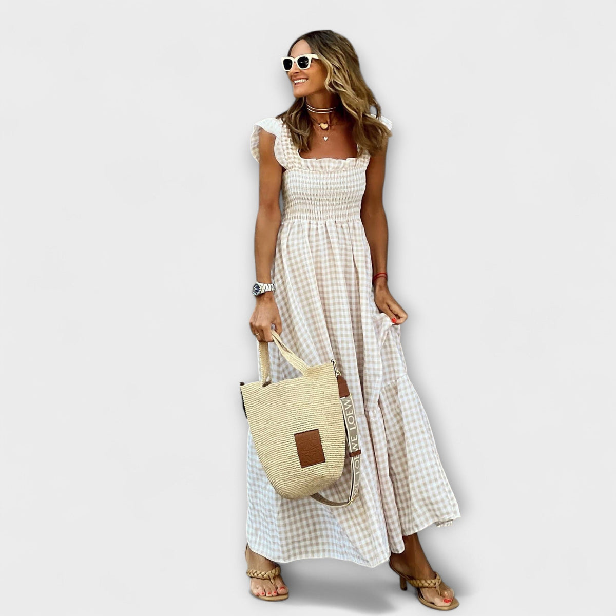 Checked Maxi Dress with Ruffled Sleeves