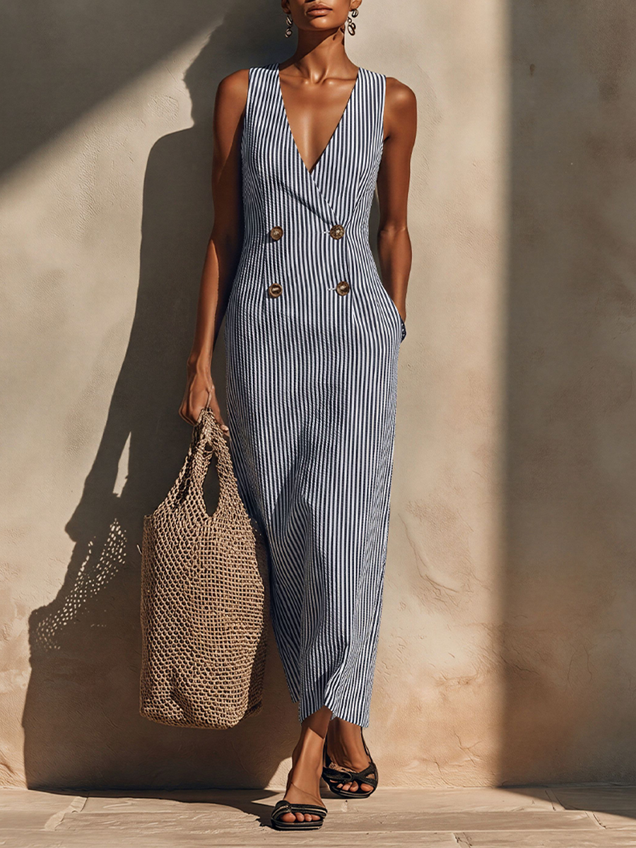 Women's Blue-White Striped Cotton-Blend Maxi Dress