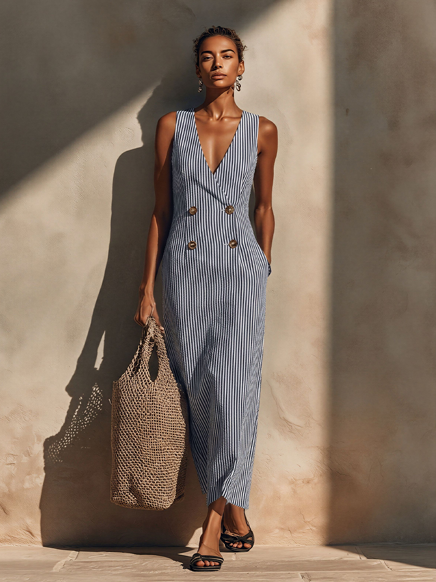 Women's Blue-White Striped Cotton-Blend Maxi Dress
