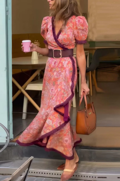 Mavi | Elegancka Różowa Sukienka Maxi z Krótkim Rękawem