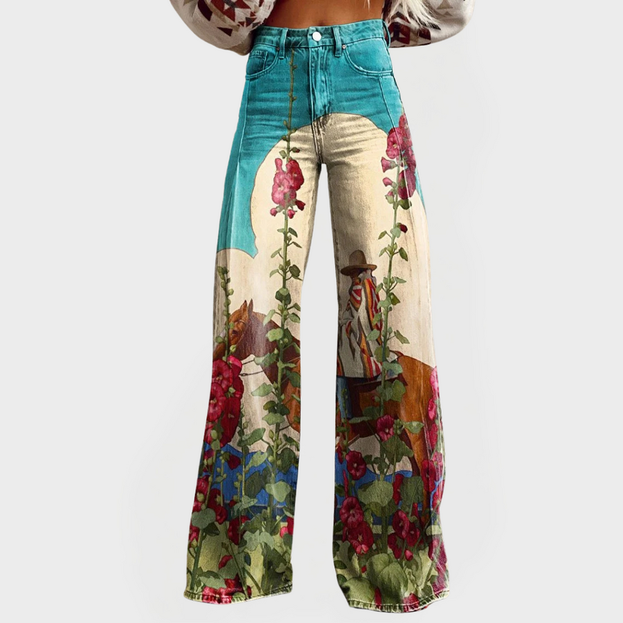 Stylish Jeans with Floral Design and Wide Legs