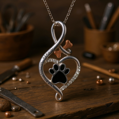 Lucky Paw Necklace with Heart, Bone & Infinity – “Always in My Heart” Pendant