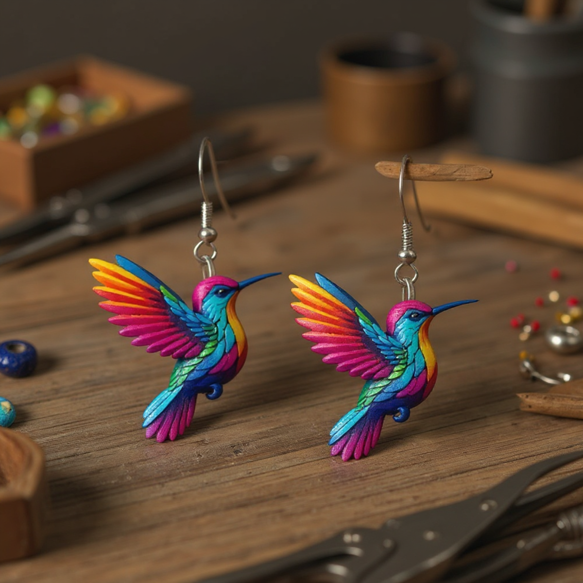 Acrylic Hummingbird Dangle Earrings – Bright 2D Bird Design