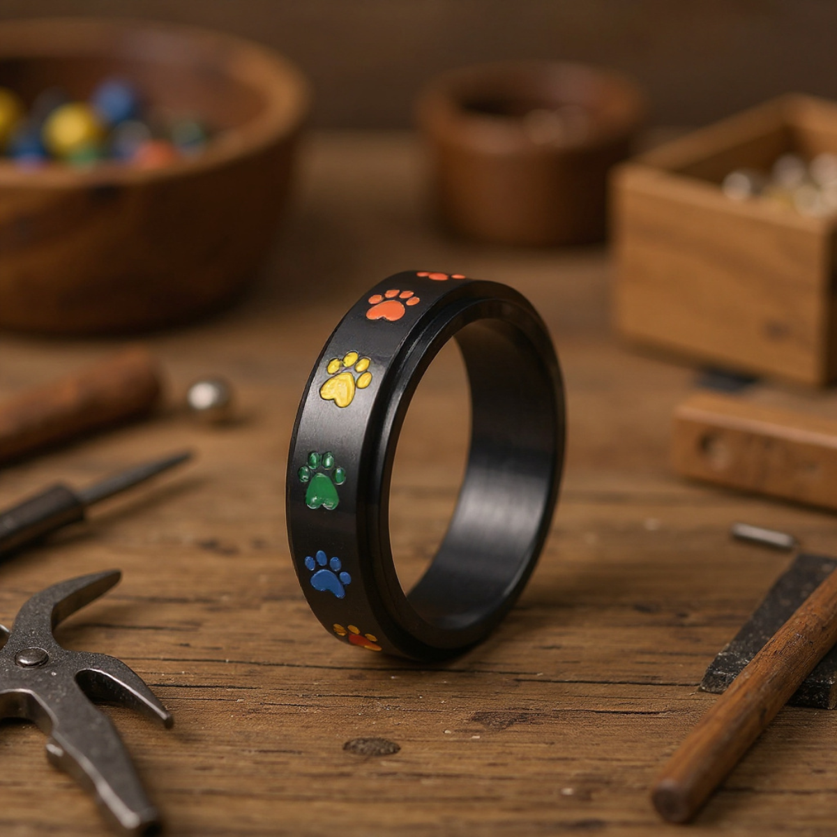 Spinning Stress Reducing Paw Ring – Stainless Steel with Rainbow Paws