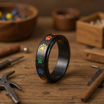Spinning Stress Reducing Paw Ring – Stainless Steel with Rainbow Paws