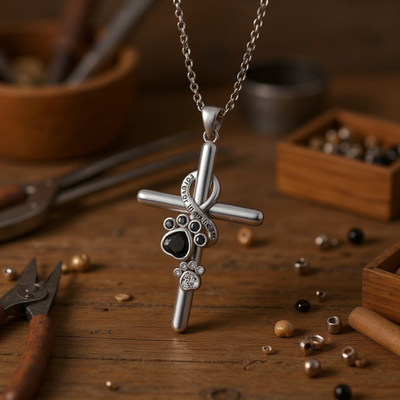 925 Sterling Silver Paw & Cross Necklace