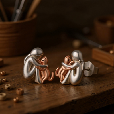 Silver and Gold Two-Tone Cat Hug Earrings