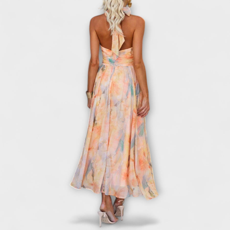 Halter-Neck Watercolor Print Maxi Dress