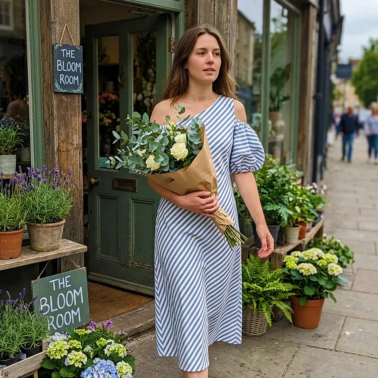 Striped off-shoulder dress for women – Elegant, flowy, summer chic