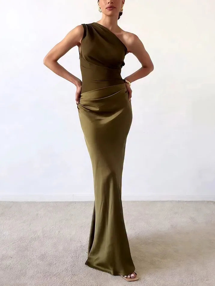 Anita™ | Elegant One Shoulder Neck Pleated Party Maxi Dress