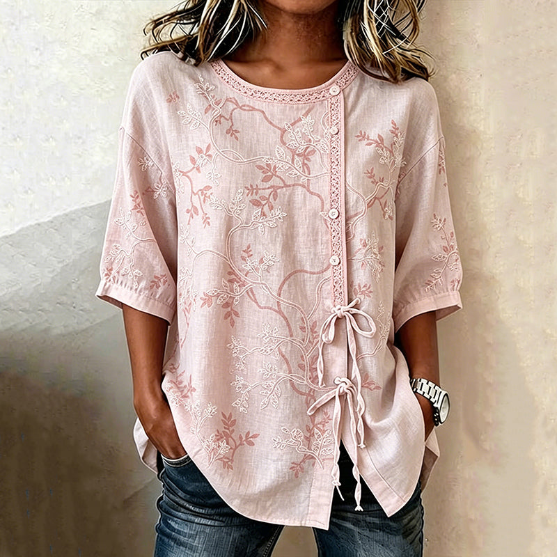 Tilija - Short Sleeve Embroidered Blouse with Front Tie