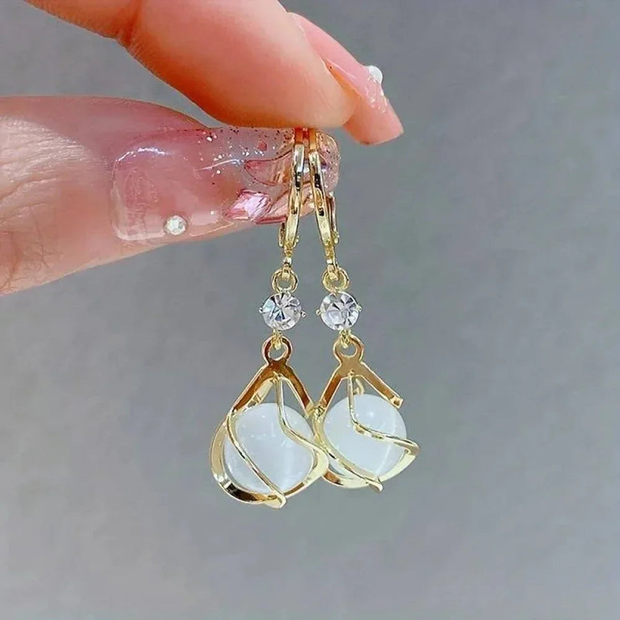 Antique White Opal Gold Drop Earrings