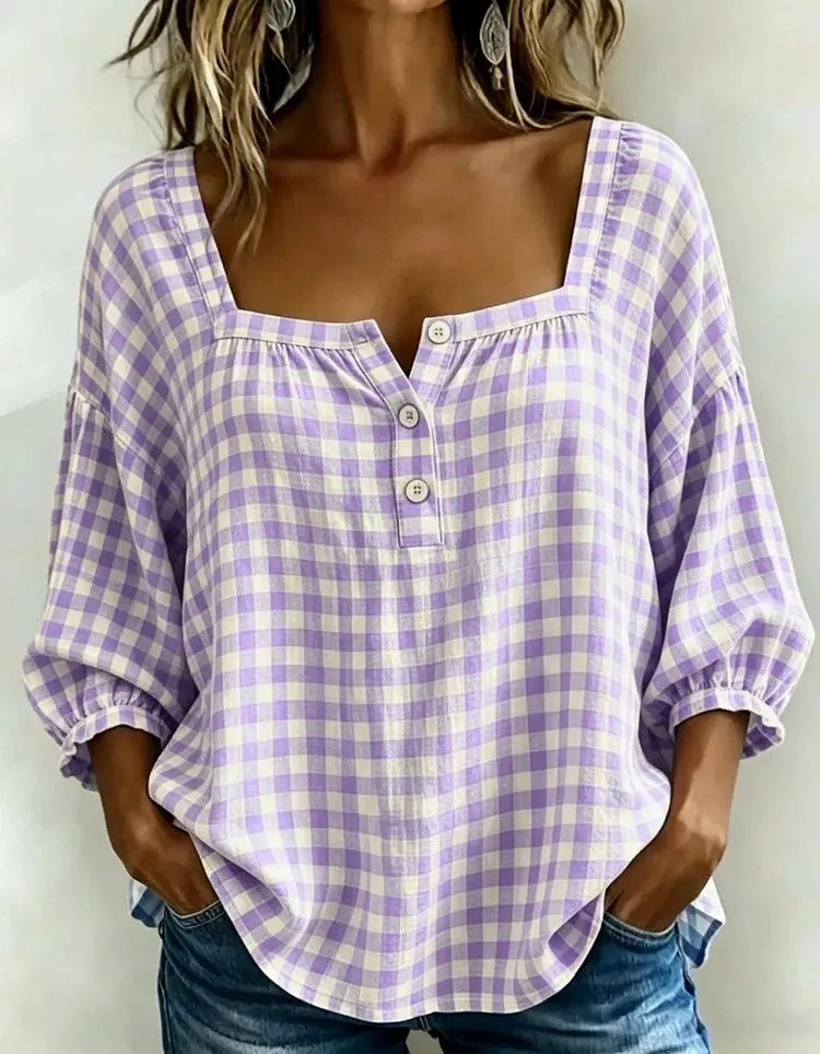 Lidia | top with square neckline and checkered pattern and short sleeves