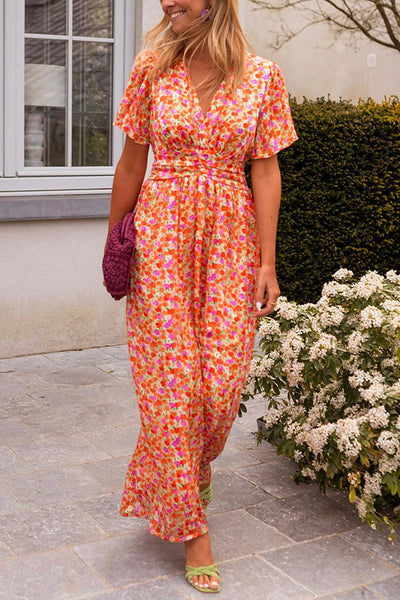 Alira | Sukienka maxi z kwiatowym nadrukiem, dekolt w serek, krótki rękaw