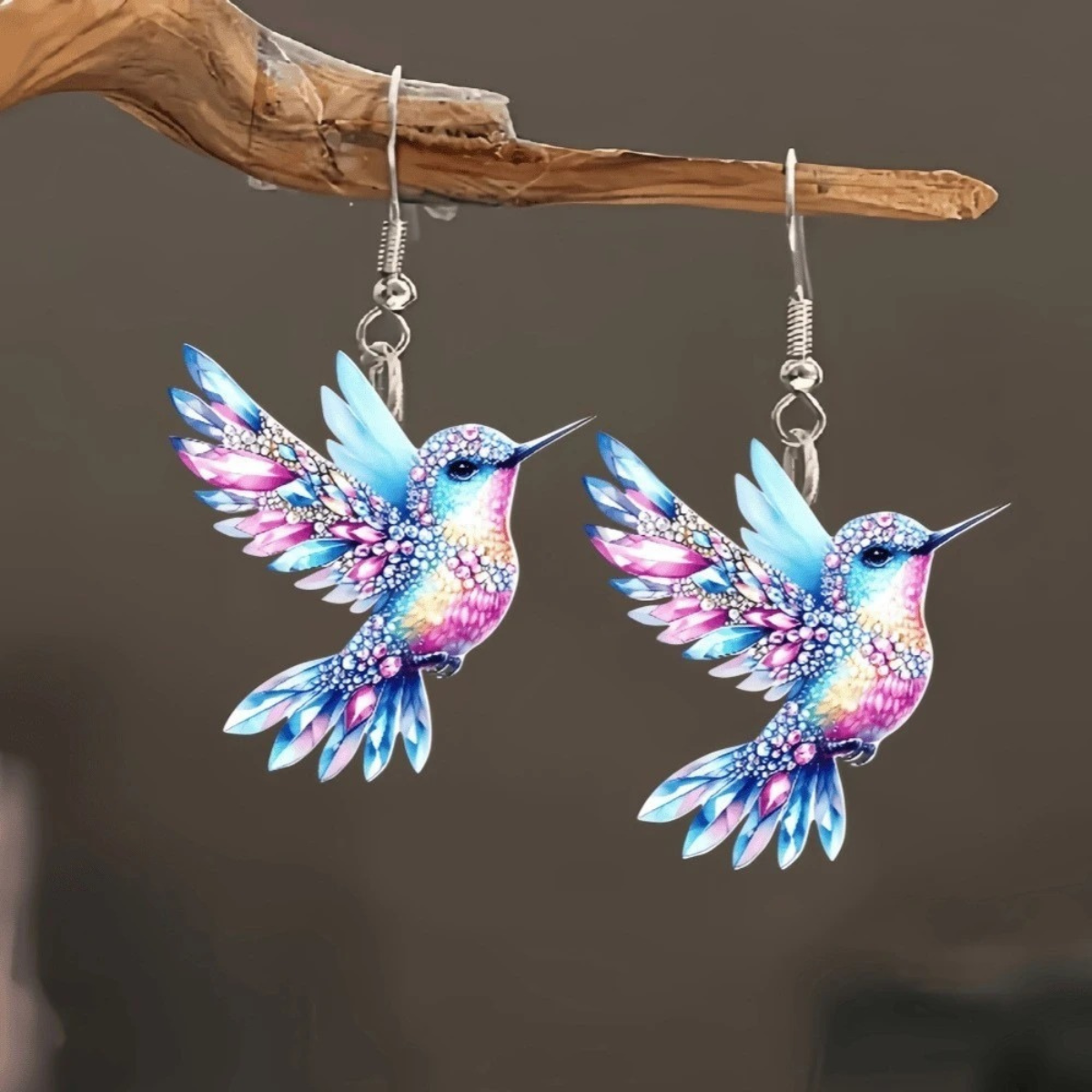 Acrylic Hummingbird Dangle Earrings – Bright 2D Bird Design