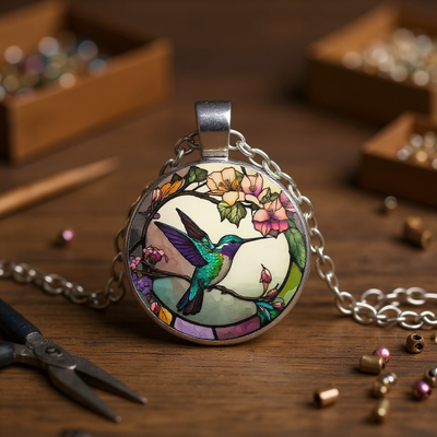 Hummingbird Glass Dome Pendant Necklace/Earrings