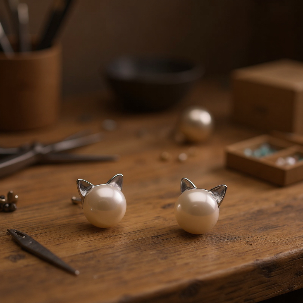 Sterling Silver Cat Pearl Stud Earrings
