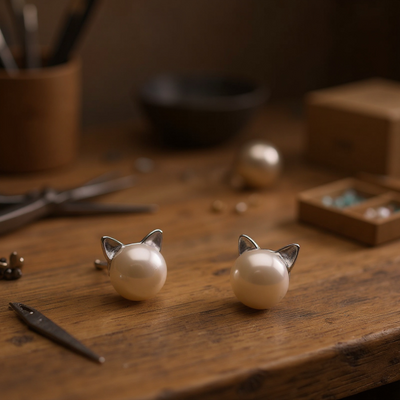 Sterling Silver Cat Pearl Stud Earrings