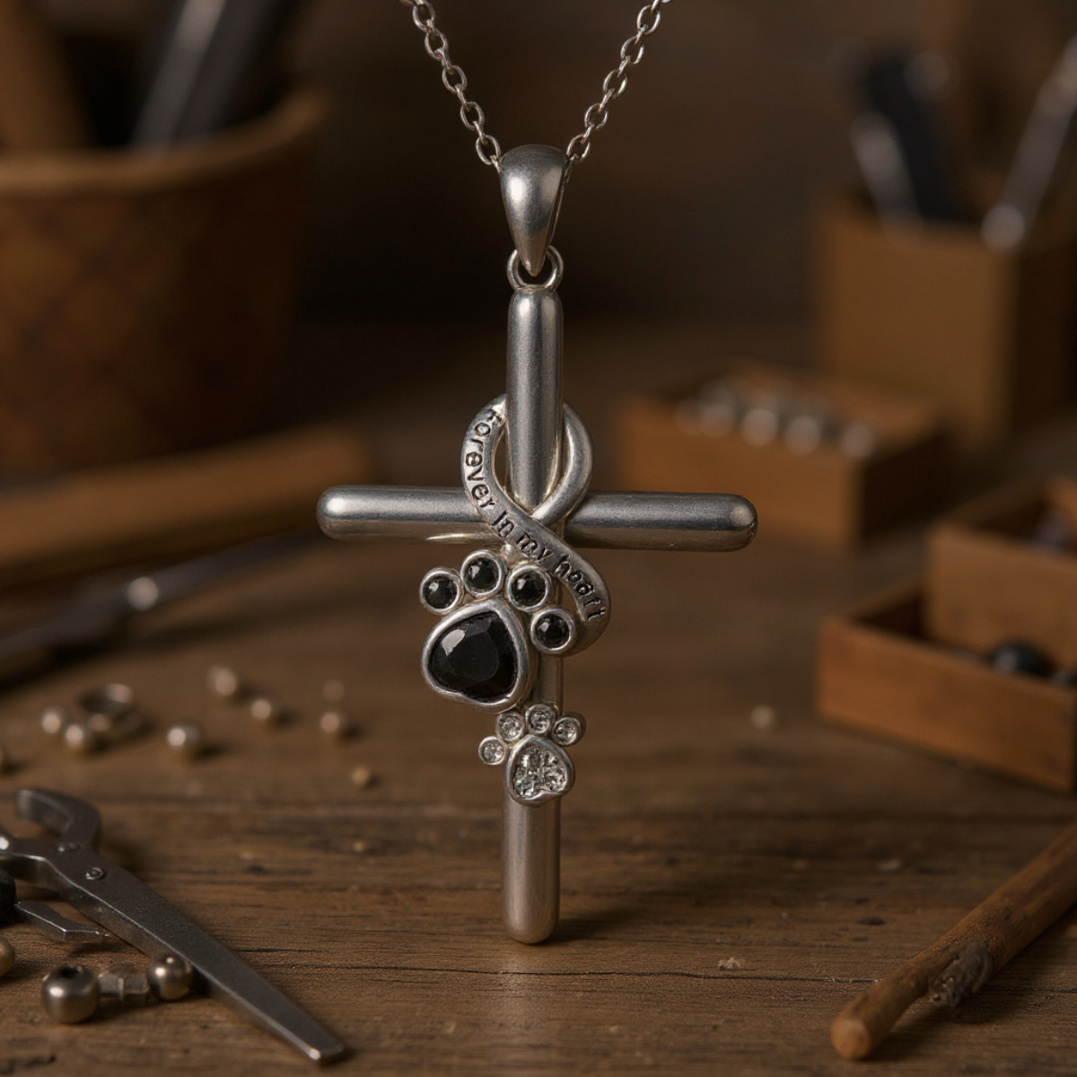 925 Sterling Silver Paw & Cross Necklace