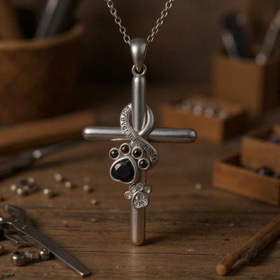 925 Sterling Silver Paw & Cross Necklace