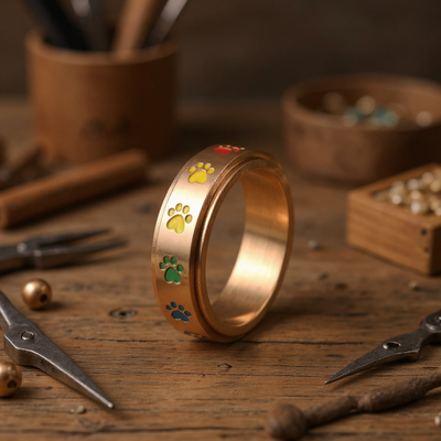 Spinning Stress Reducing Paw Ring – Stainless Steel with Rainbow Paws