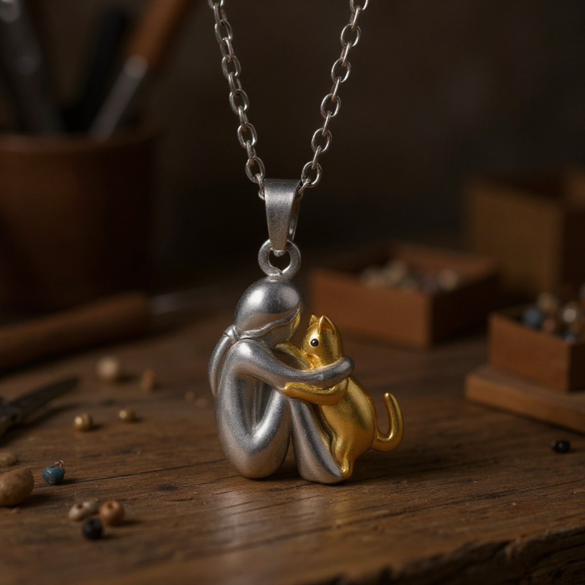 Cat Hug Pendant Necklace