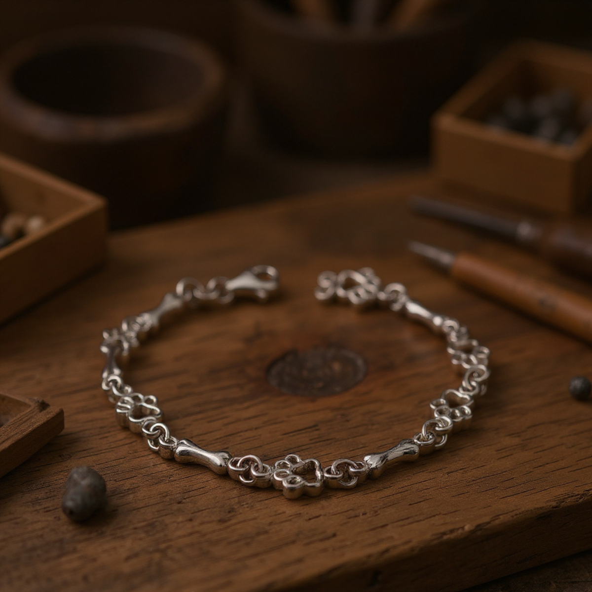 Limited Edition Pure Silver Dog Paw and Bone Charms Bracelet