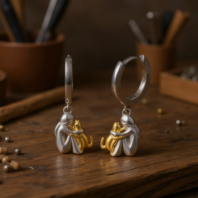 Silver and Gold Two-Tone Cat Hug Earrings