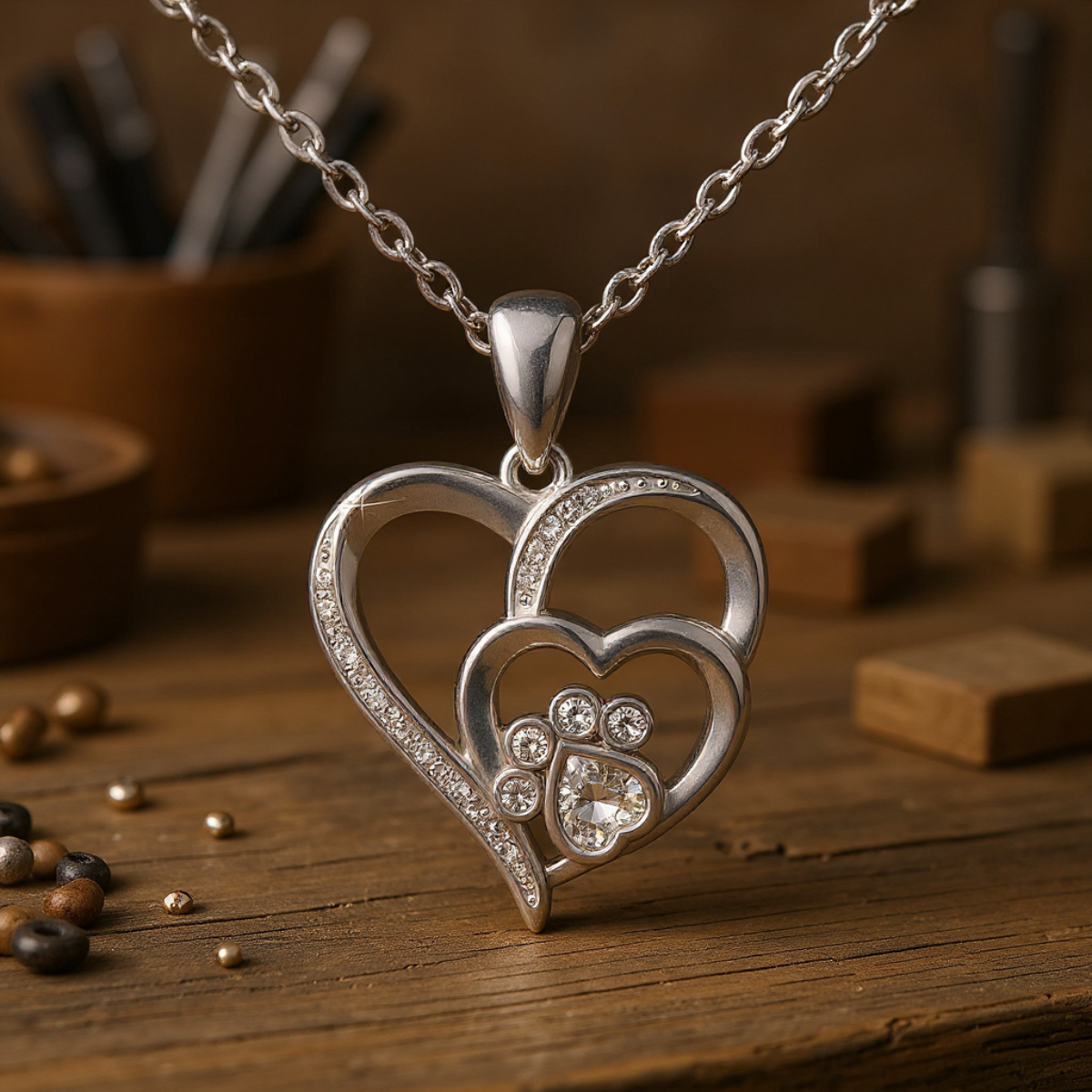 Sterling Silver Paw & Heart Necklace with Zirconia