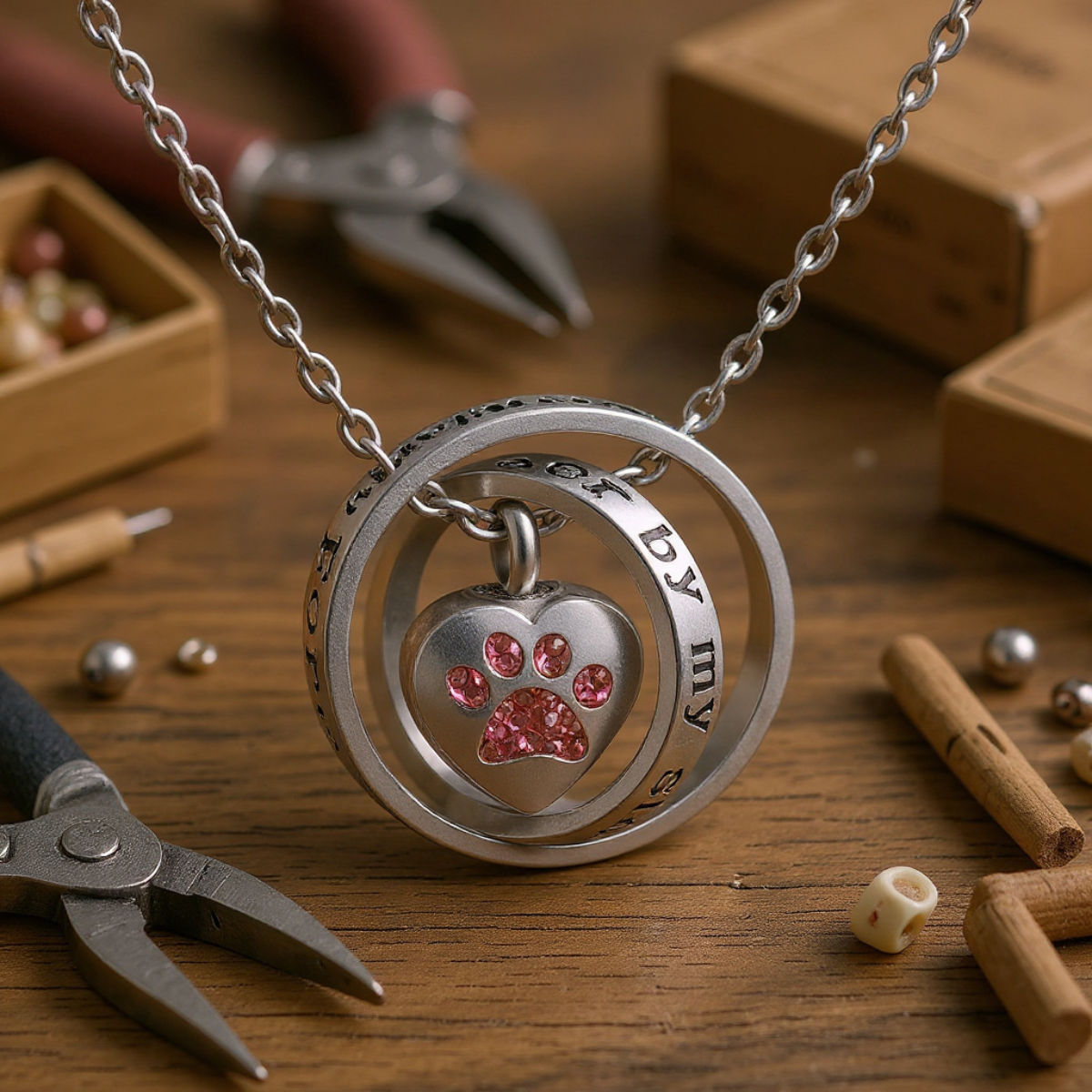 "No Longer By My Side, Forever In My Heart" – Stainless Steel Urn Paw Necklace