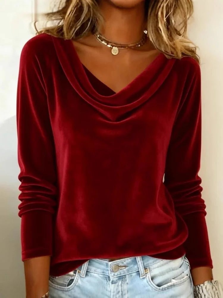 Long Sleeve Velvet Blouse Solid Color