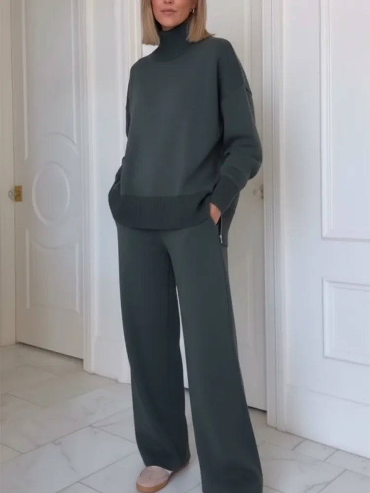 Two-Piece Set with High Neck and Zipper, Straight Pants