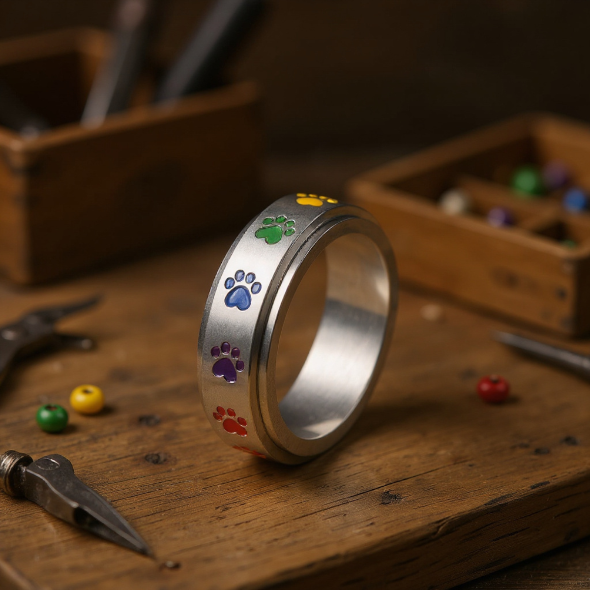Spinning Stress Reducing Paw Ring – Stainless Steel with Rainbow Paws