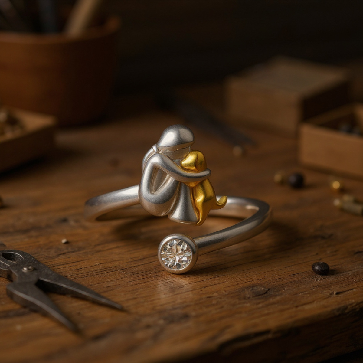 925 Sterling Silver Dog Ring wit Zirconia – Adjustable & Handmade