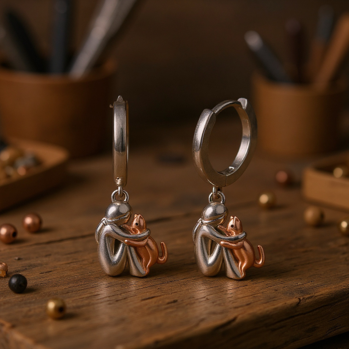 Silver and Gold Two-Tone Cat Hug Earrings