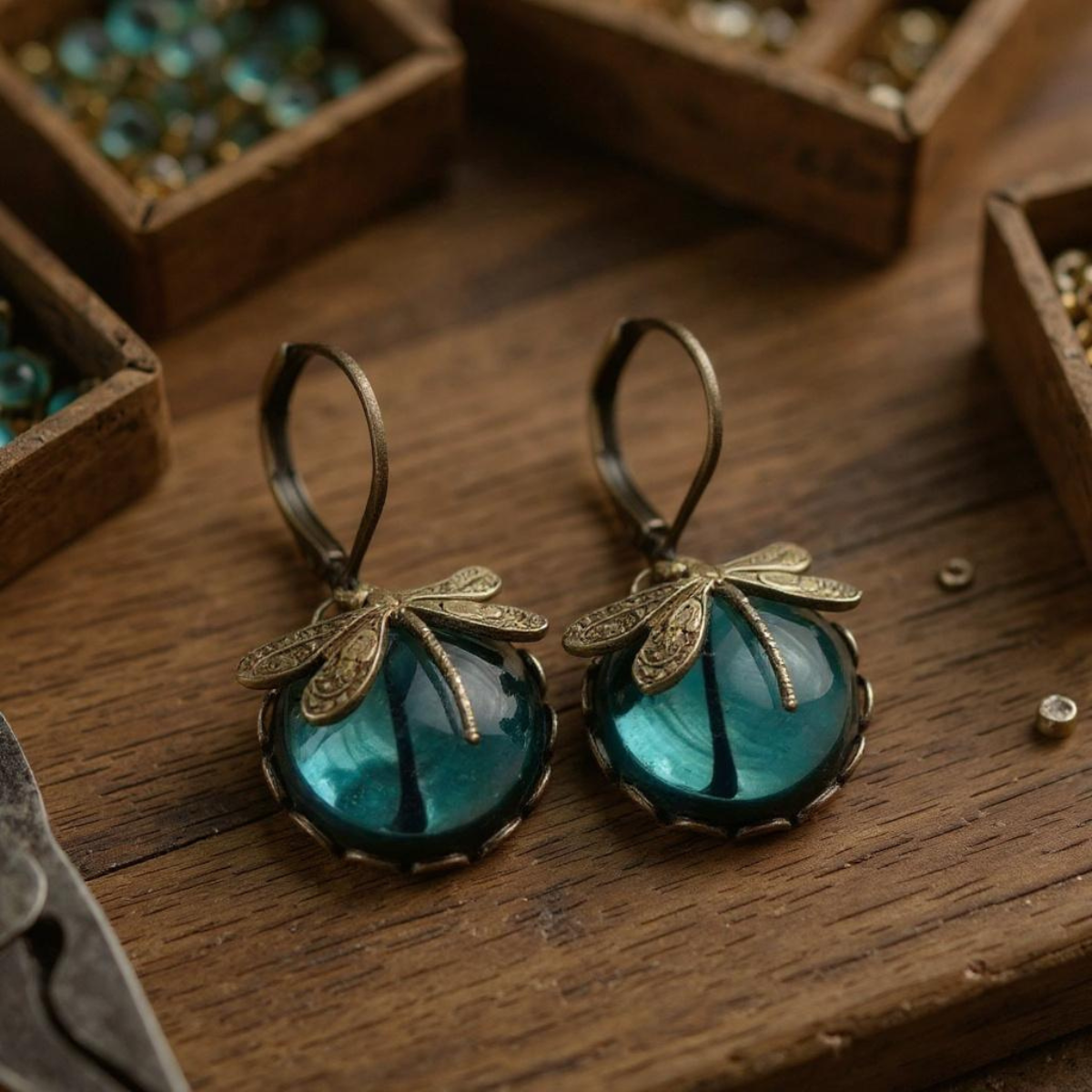 Dragonfly Earrings in Antique Gold