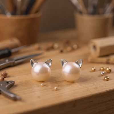 Sterling Silver Cat Pearl Stud Earrings