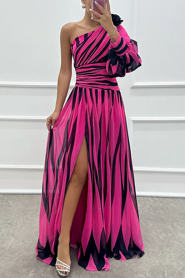 Aveline | Elegancka Sukienka Maxi w Paski na Jedno Ramię