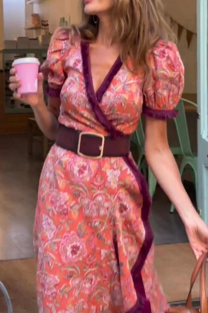 Mavi | Elegancka Różowa Sukienka Maxi z Krótkim Rękawem