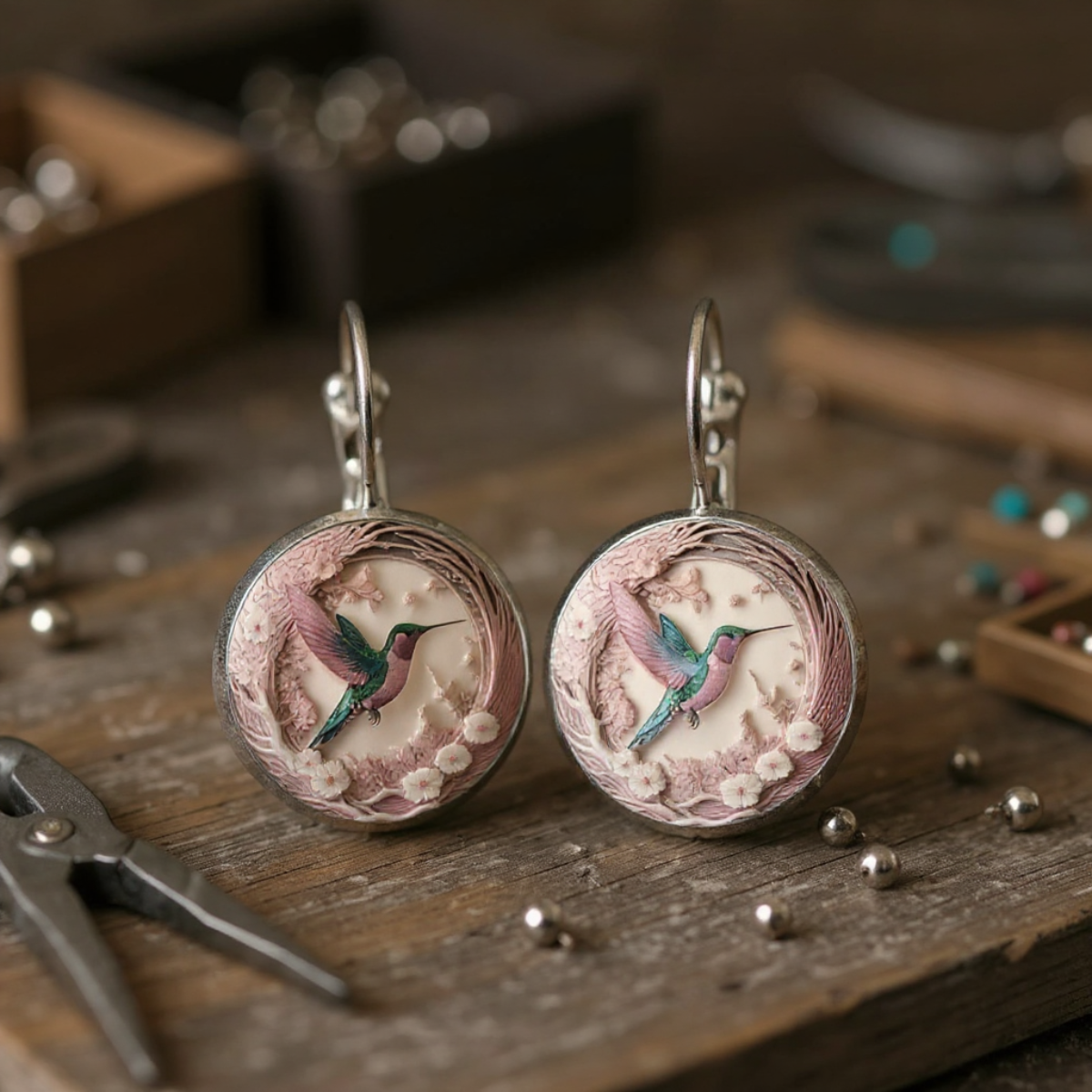 Hummingbird Glass Dome Pendant Necklace/Earrings