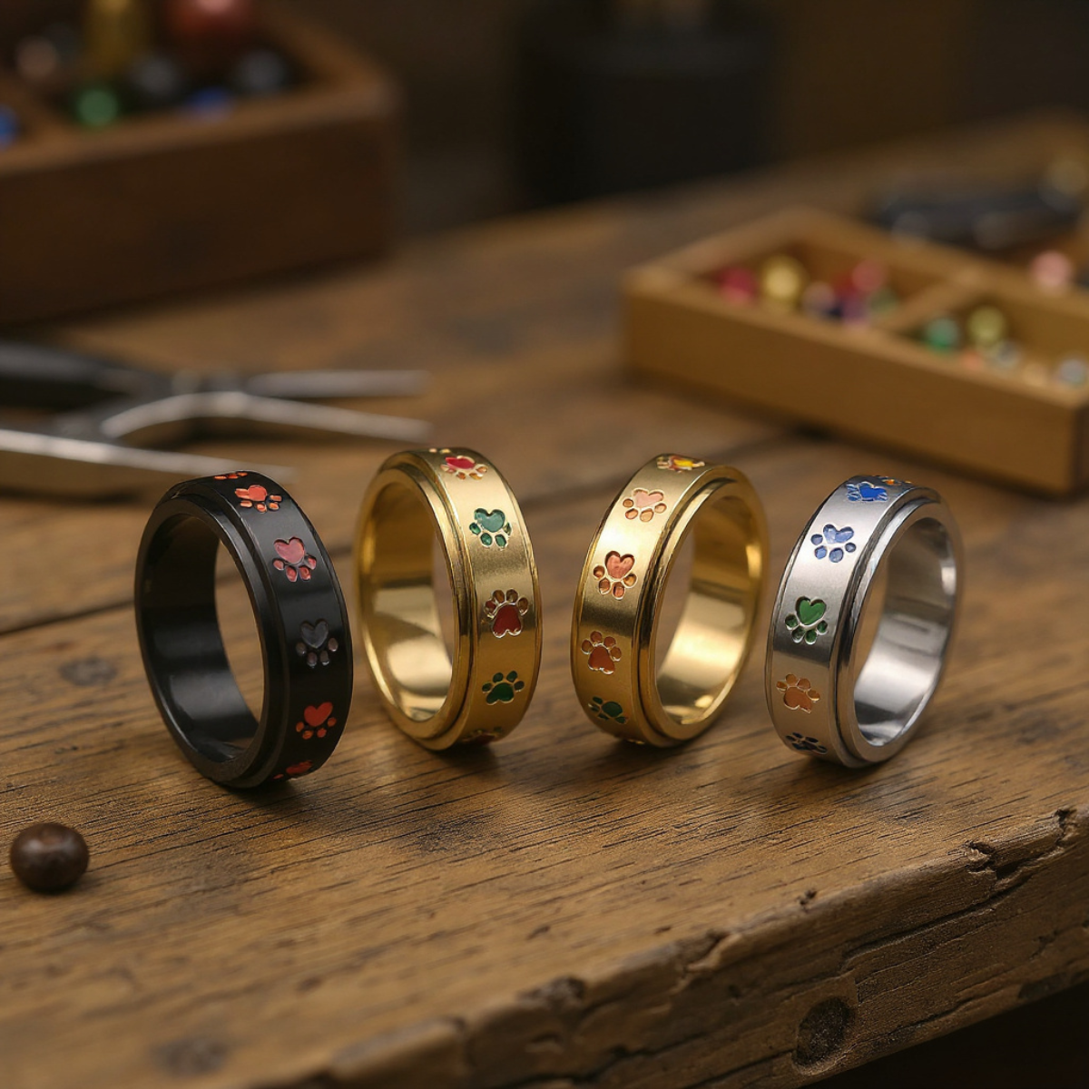Spinning Stress Reducing Paw Ring – Stainless Steel with Rainbow Paws
