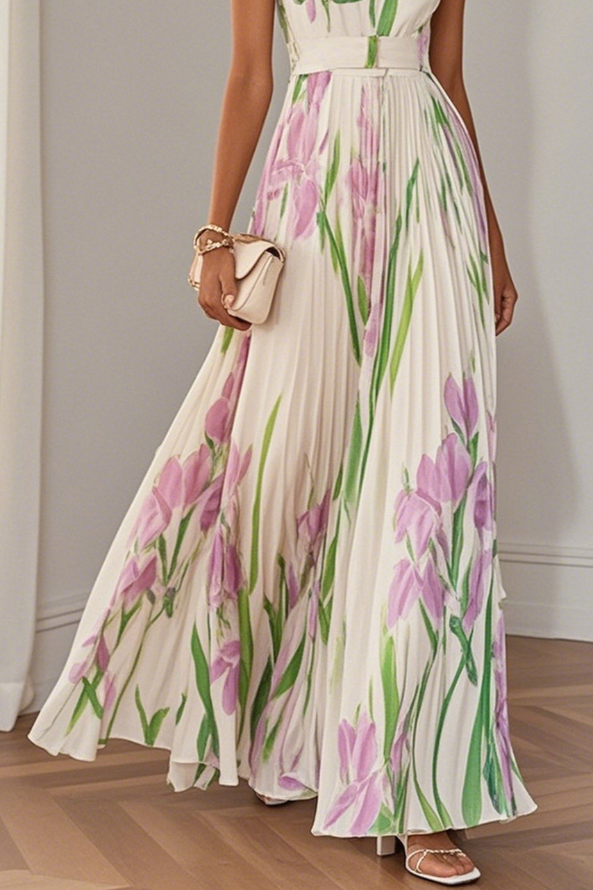Zira | Biała plisowana sukienka maxi w kwiaty z szyfonu