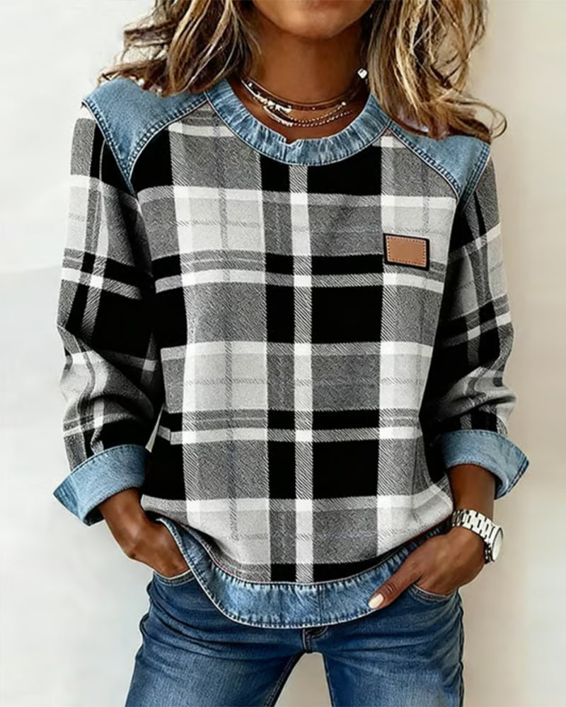 Audrey | Women's Casual Round Neck Denim Patchwork Pullover Sweatshirt
