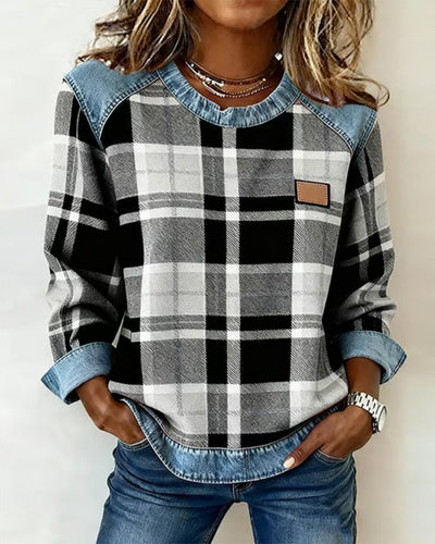 Audrey | Women's Casual Round Neck Denim Patchwork Pullover Sweatshirt