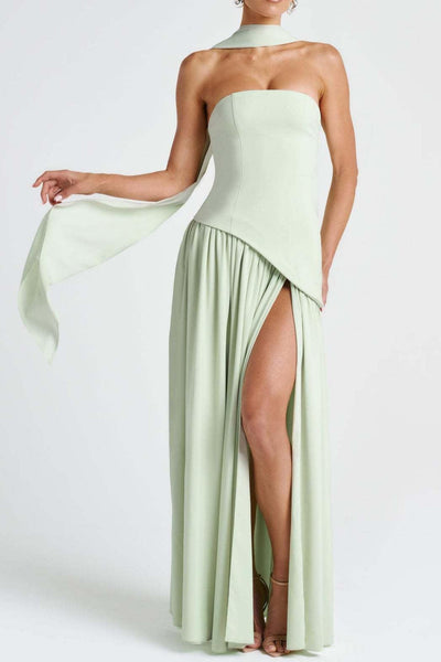 Zeni | Sukienka Maxi bez ramiączek z rozcięciem i wstążką