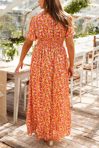 Alira | Sukienka maxi z kwiatowym nadrukiem, dekolt w serek, krótki rękaw