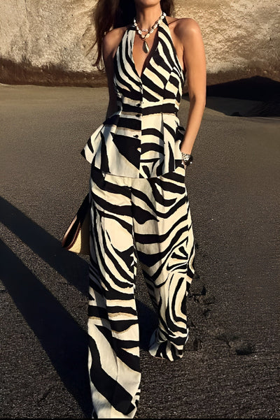 Elindra | Kontrastowy wzór w paski, bez pleców, z guzikiem, na szyję